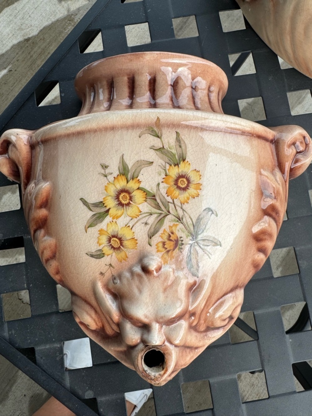 Vintage Wall Pocket Planter with Yellow Floral Motif and Gargoyle face